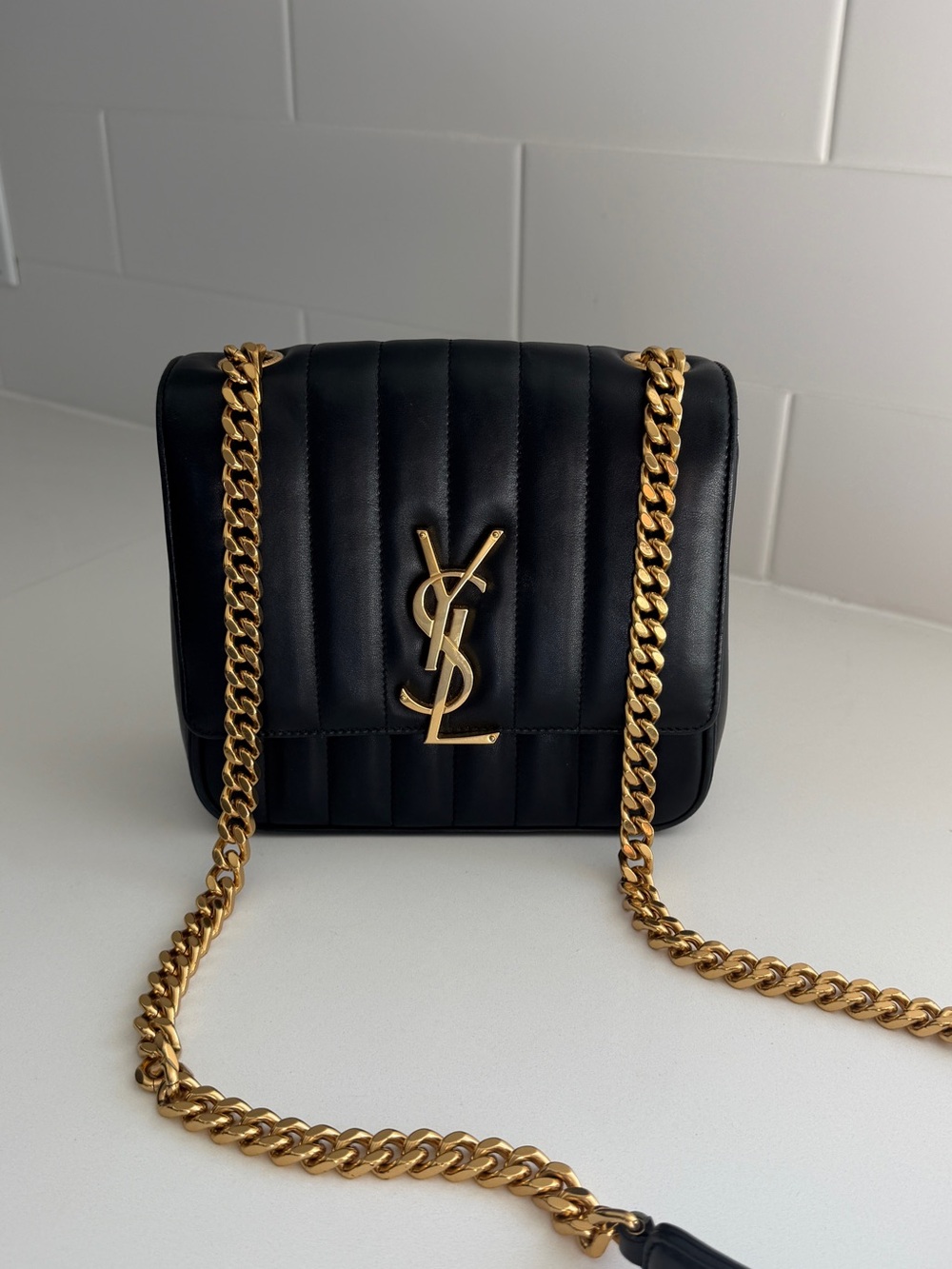 Saint Laurent Lambskin Matelasse monogram medium Vicky Chain Bag in Black